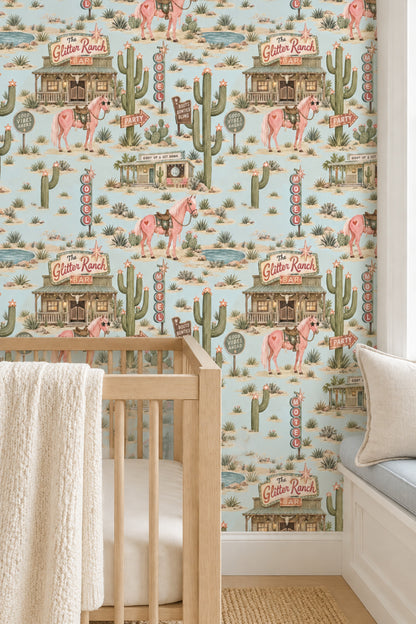 Pink Horses And Cactus Wallpaper Retro Ranch Scenes In Turquoise