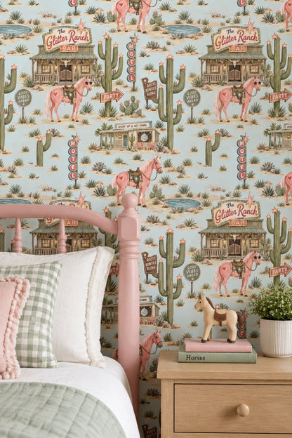 Pink Horses And Cactus Wallpaper Retro Ranch Scenes In Turquoise