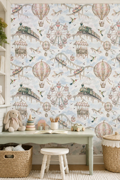 Pastel Carnival Animals Wallpaper Watercolor Sky, Hot Air Balloon Detail