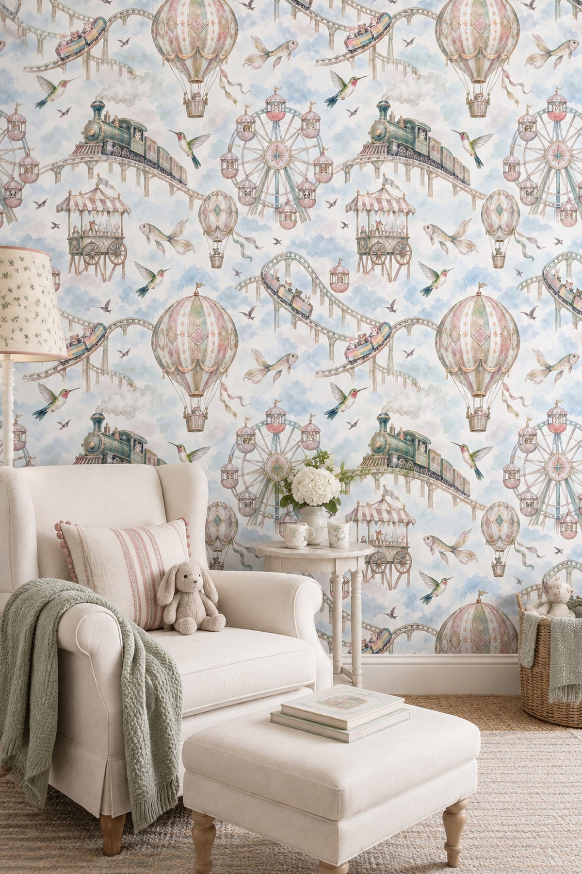 Pastel Carnival Animals Wallpaper Watercolor Sky, Hot Air Balloon Detail