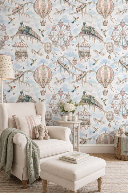 Pastel Carnival Animals Wallpaper Watercolor Sky, Hot Air Balloon Detail