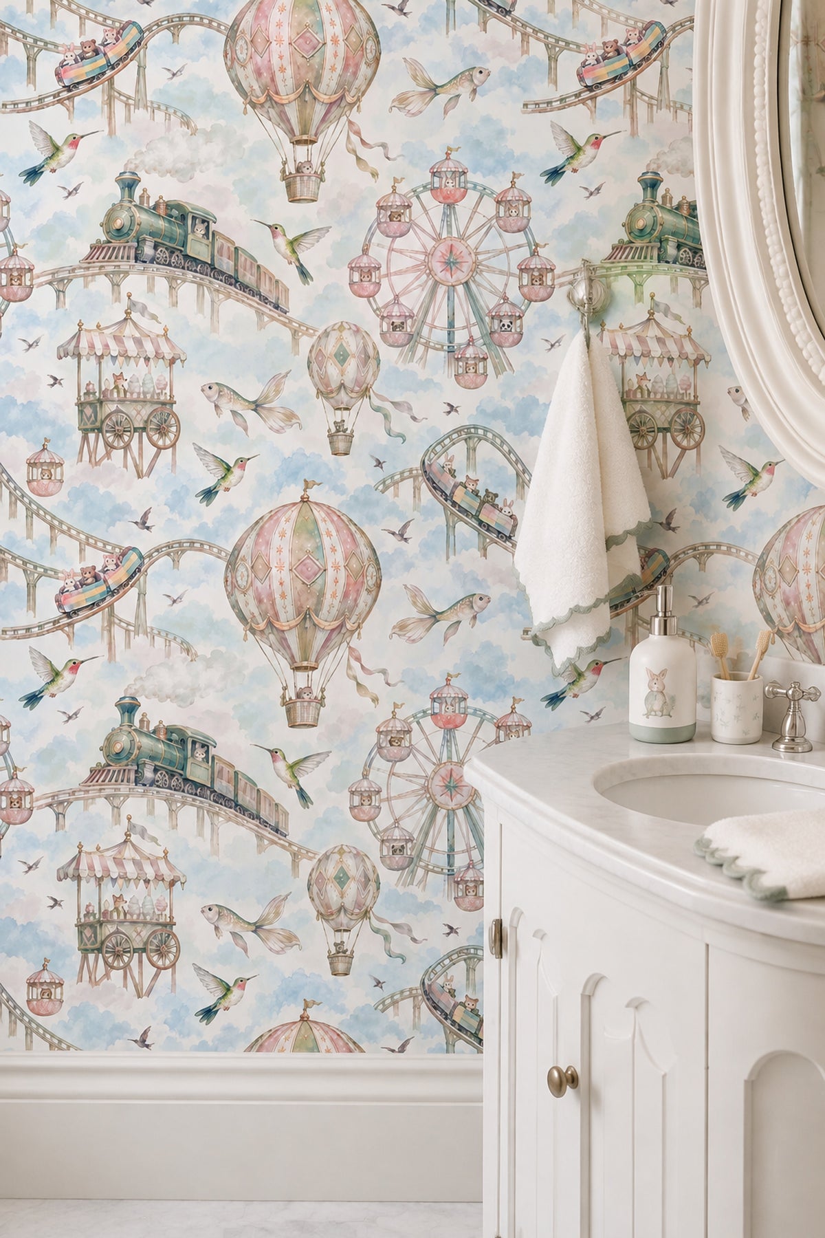 Pastel Carnival Animals Wallpaper Watercolor Sky, Hot Air Balloon Detail