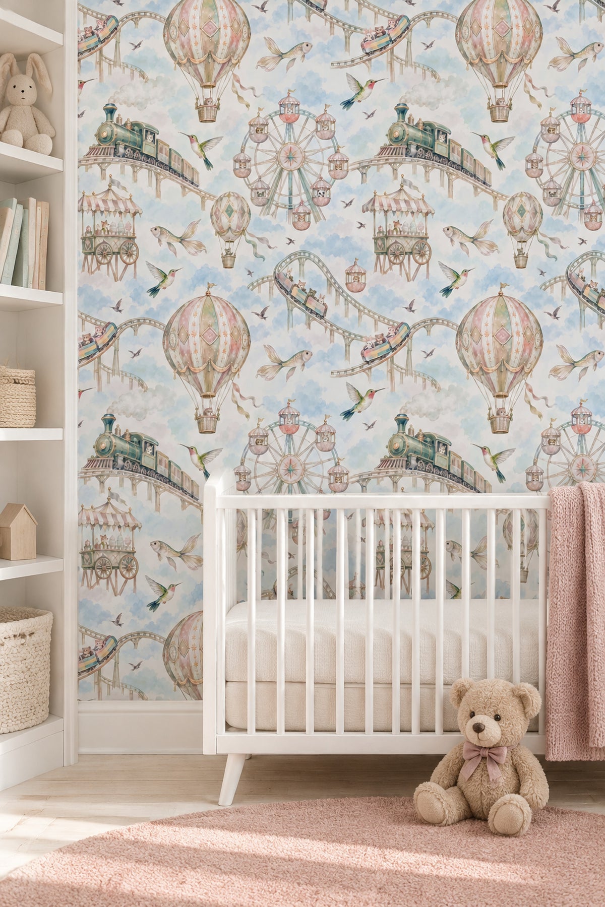 Pastel Carnival Animals Wallpaper Watercolor Sky, Hot Air Balloon Detail