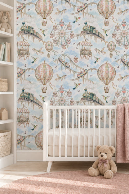 Pastel Carnival Animals Wallpaper Watercolor Sky, Hot Air Balloon Detail