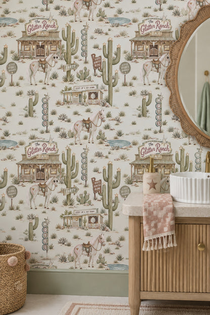 Glitter Ranch Horses Wallpaper Pastel Western Signs On Cream