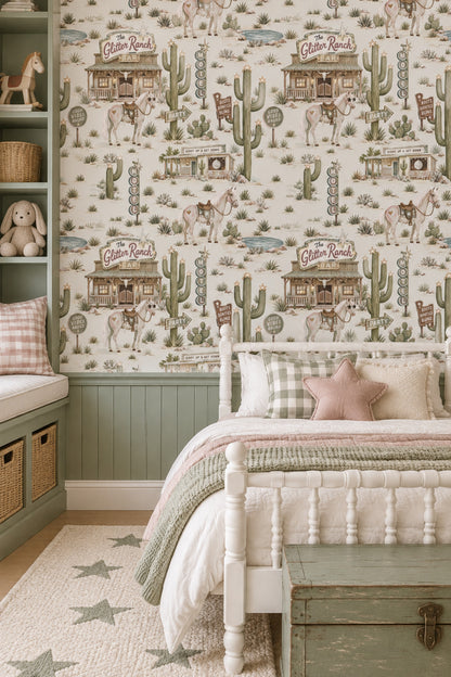 Glitter Ranch Horses Wallpaper Pastel Western Signs On Cream