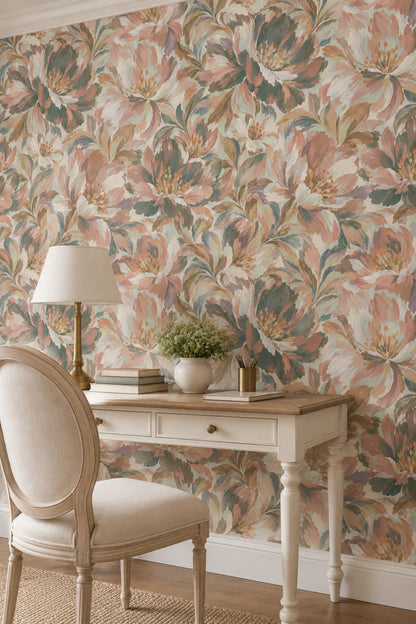 Painterly Large Scale Flowers Wallpaper In Blush Pink And Teal