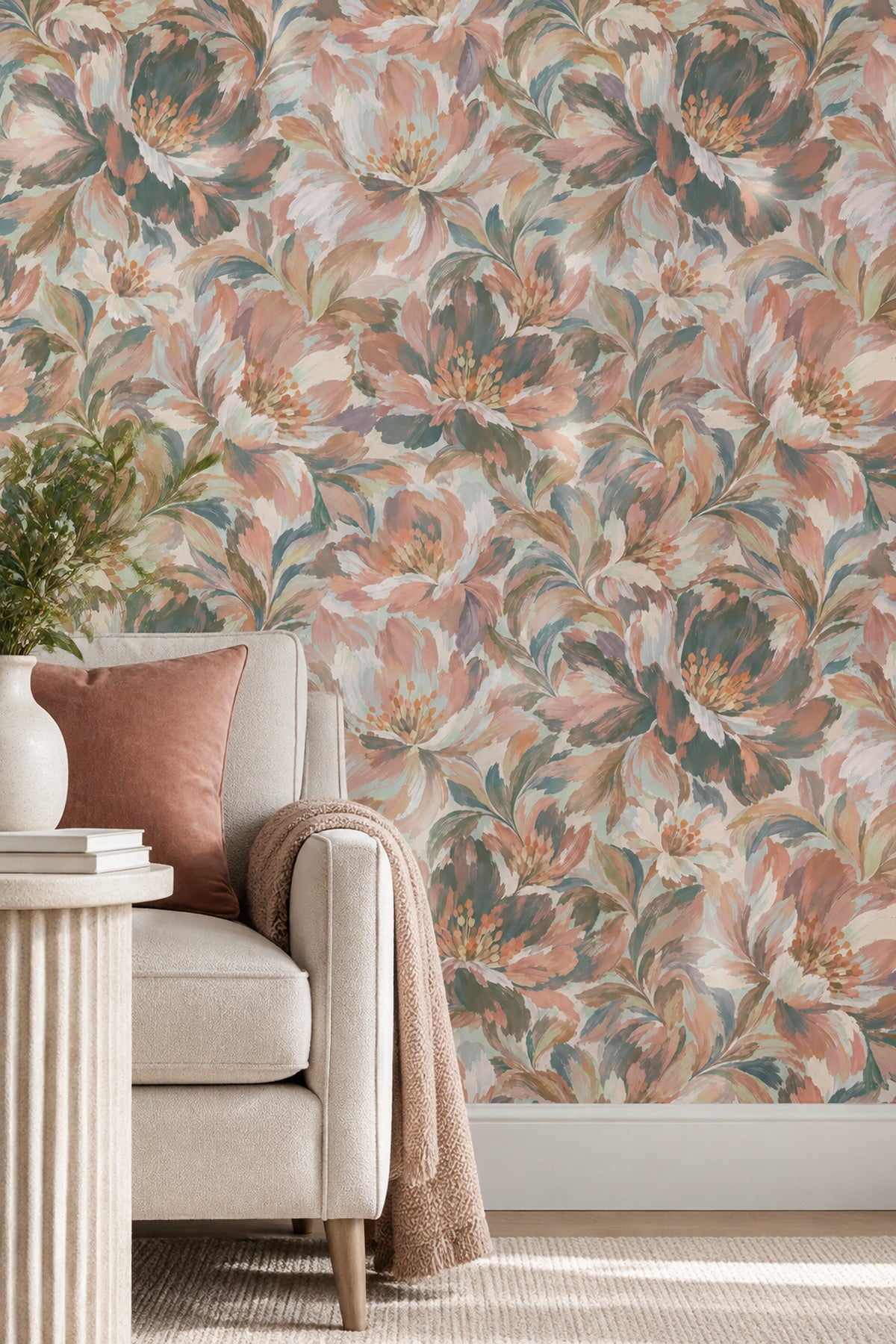 Painterly Large Scale Flowers Wallpaper In Blush Pink And Teal