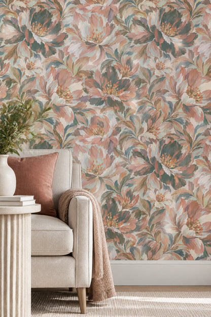 Painterly Large Scale Flowers Wallpaper In Blush Pink And Teal