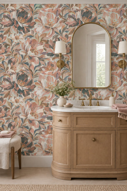 Painterly Large Scale Flowers Wallpaper In Blush Pink And Teal