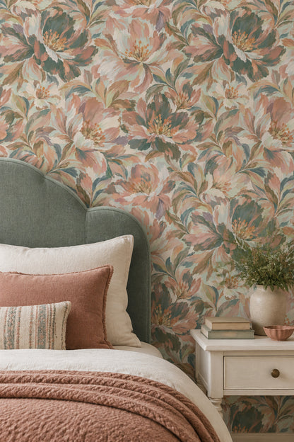Painterly Large Scale Flowers Wallpaper In Blush Pink And Teal