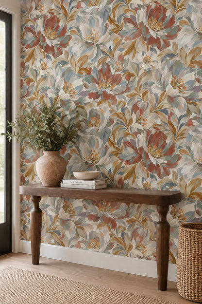 Large Painterly Flowers Wallpaper Muted Colors On Cream Background