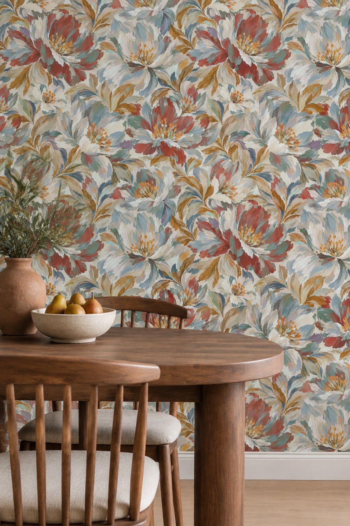 Large Painterly Flowers Wallpaper Muted Colors On Cream Background