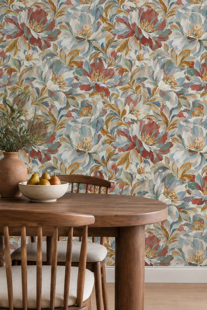 Large Painterly Flowers Wallpaper Muted Colors On Cream Background