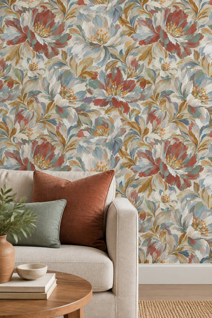 Large Painterly Flowers Wallpaper Muted Colors On Cream Background