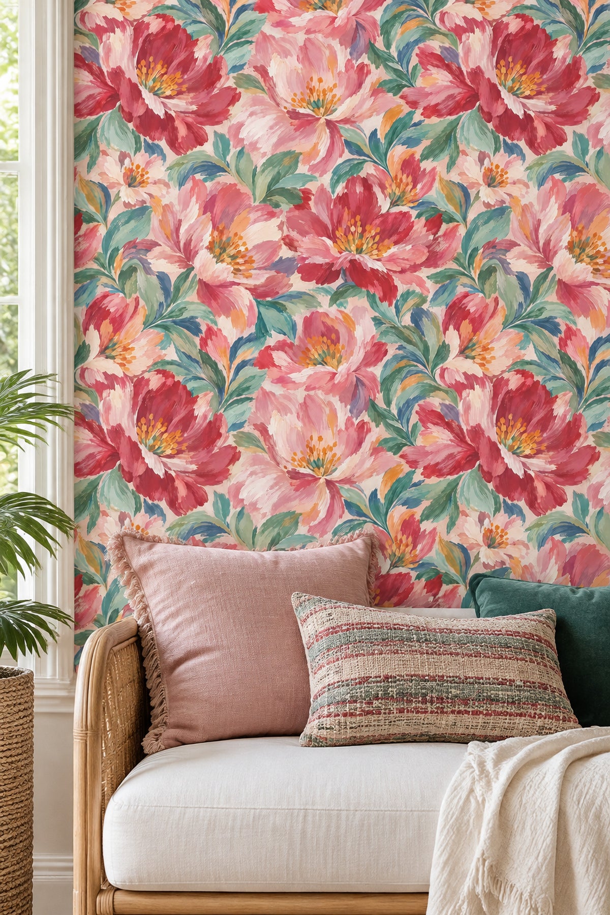 Large Pink Blossoms Wallpaper Painterly Botanical On Beige