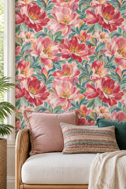 Large Pink Blossoms Wallpaper Painterly Botanical On Beige