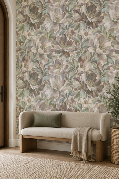 Painted Botanical Flowers Wallpaper In Muted Beige With Sage Green Leaves
