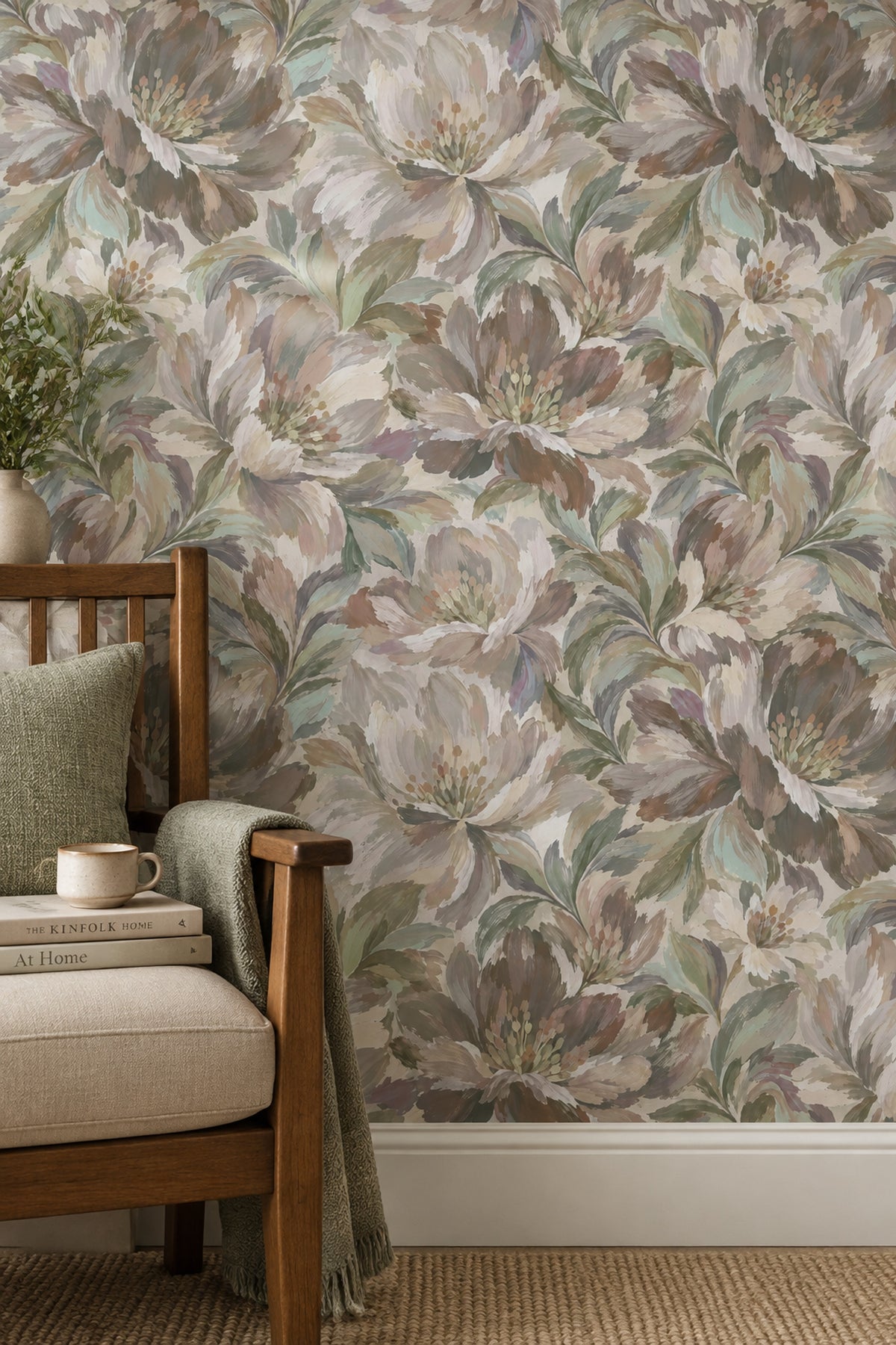 Painted Botanical Flowers Wallpaper In Muted Beige With Sage Green Leaves