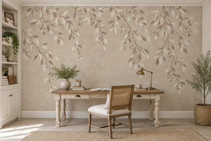 Hanging Leafy Vines Wallpaper Mural In Beige Plaster Texture