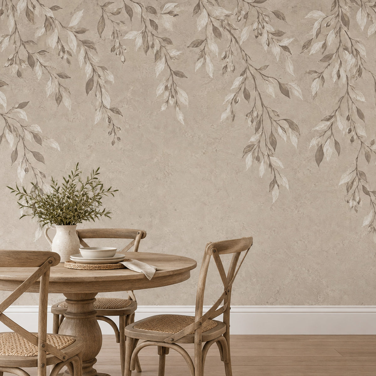 Hanging Leafy Vines Wallpaper Mural In Beige Plaster Texture