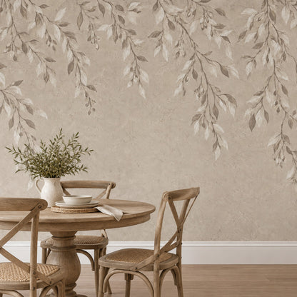 Hanging Leafy Vines Wallpaper Mural In Beige Plaster Texture