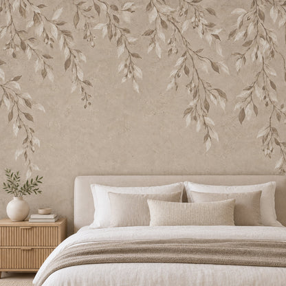 Hanging Leafy Vines Wallpaper Mural In Beige Plaster Texture