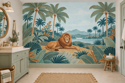 Resting Lion Wallpaper Mural, Tropical Watercolor Jungle Landscape