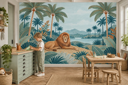 Resting Lion Wallpaper Mural, Tropical Watercolor Jungle Landscape