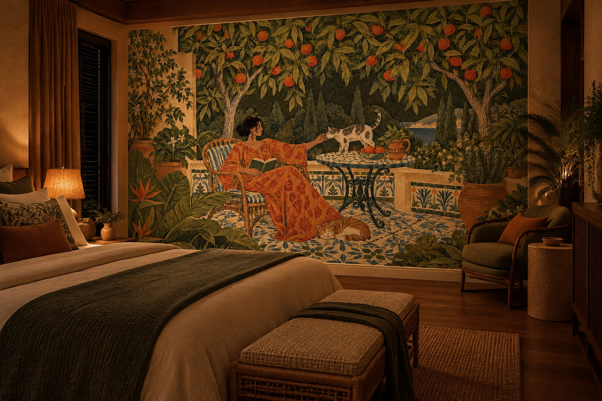 Mediterranean Terrace Woman And Cats Wallpaper Mural, Vintage Inspired Blue Tile Garden