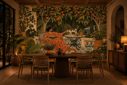 Mediterranean Terrace Woman And Cats Wallpaper Mural, Vintage Inspired Blue Tile Garden