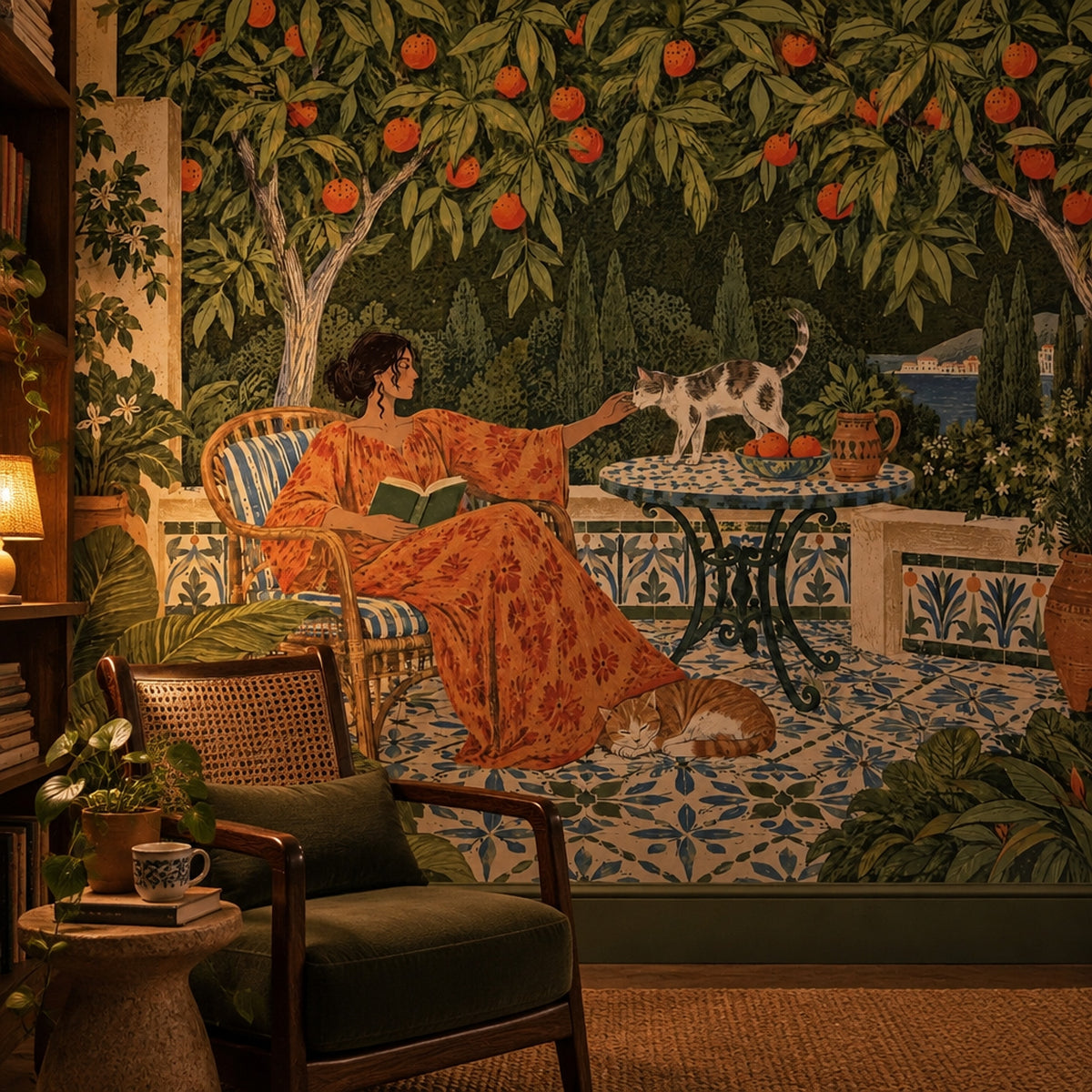 Mediterranean Terrace Woman And Cats Wallpaper Mural, Vintage Inspired Blue Tile Garden