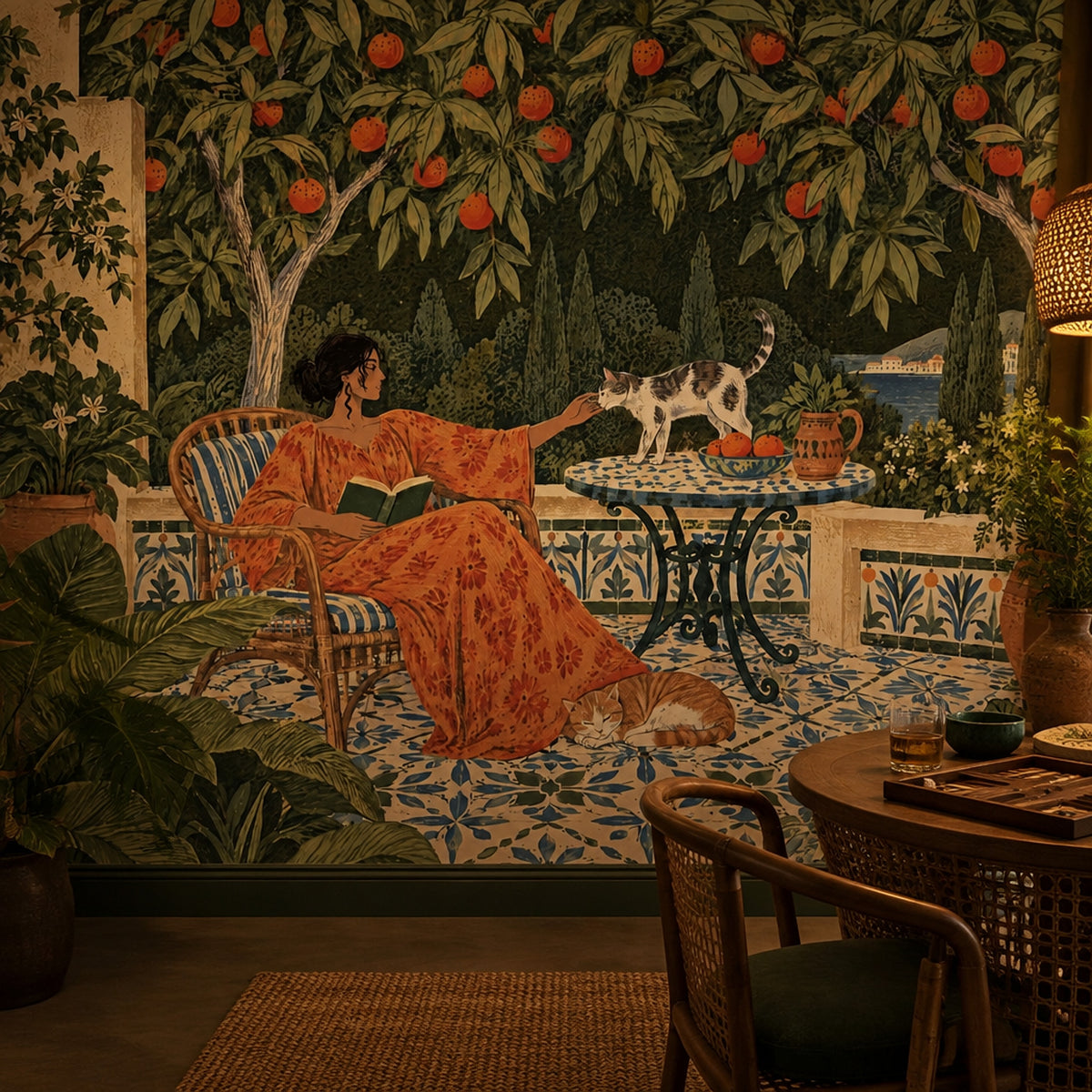 Mediterranean Terrace Woman And Cats Wallpaper Mural, Vintage Inspired Blue Tile Garden