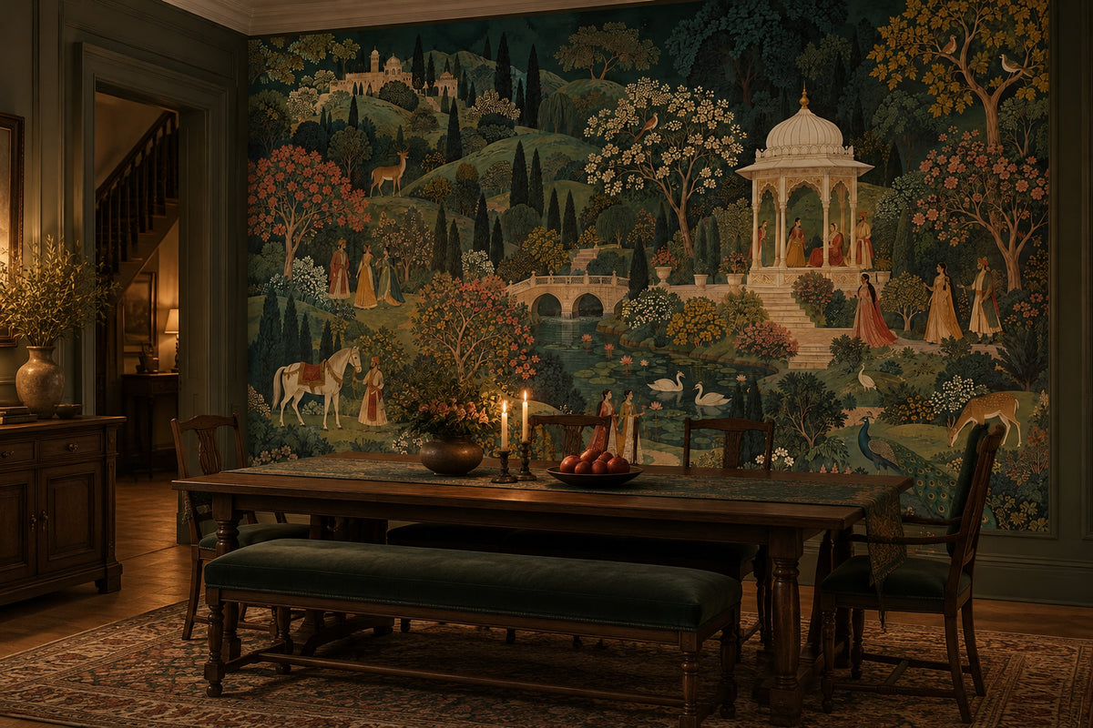 Mughal Garden Palace Wallpaper Mural Dark Green, Peacock And Pavilion Scene
