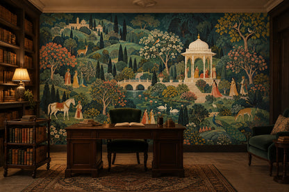 Mughal Garden Palace Wallpaper Mural Dark Green, Peacock And Pavilion Scene