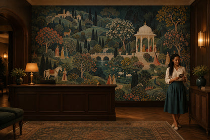 Mughal Garden Palace Wallpaper Mural Dark Green, Peacock And Pavilion Scene
