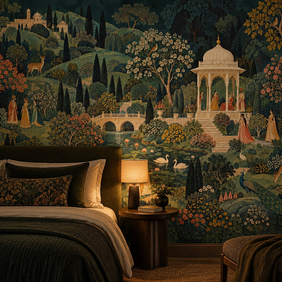Mughal Garden Palace Wallpaper Mural Dark Green, Peacock And Pavilion Scene