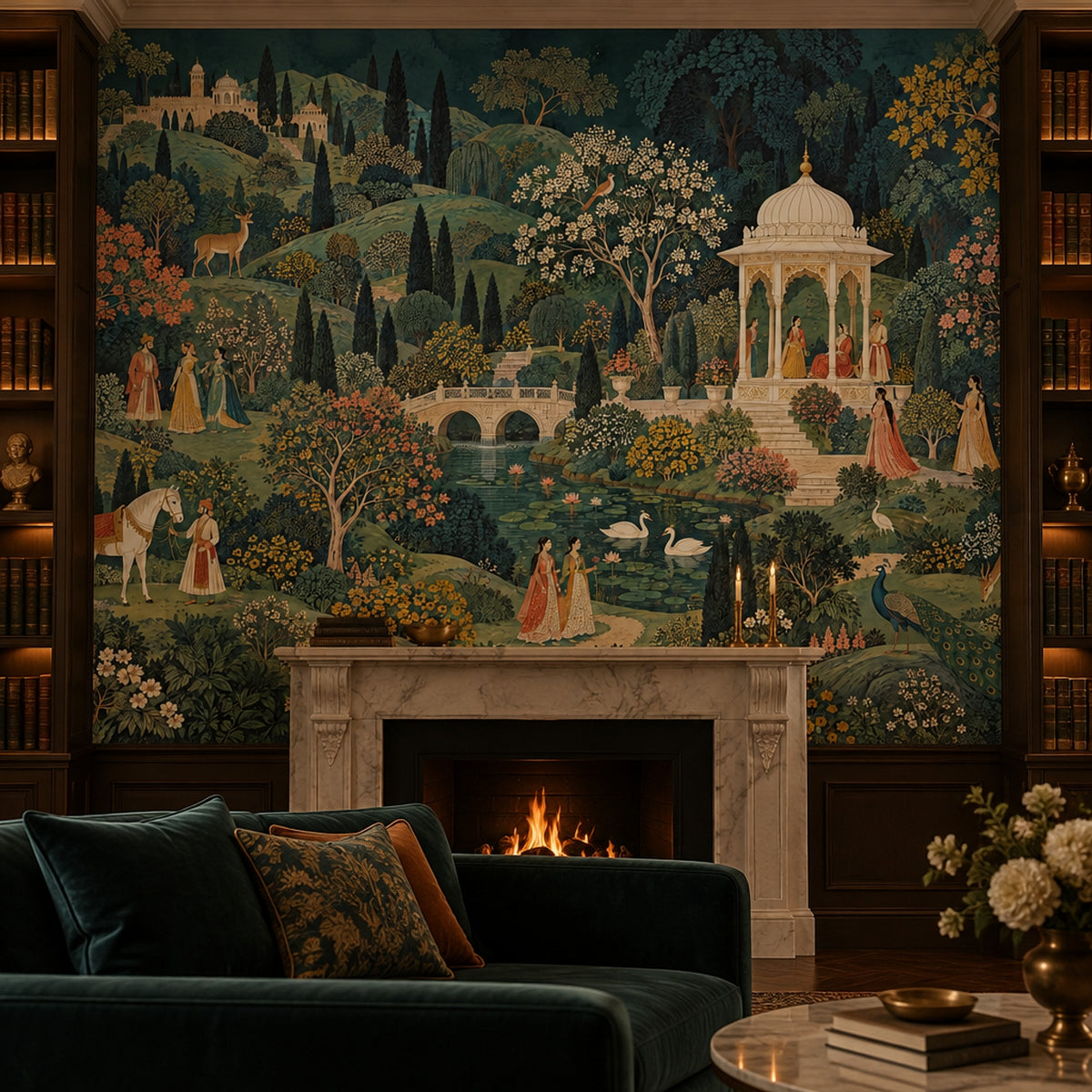 Mughal Garden Palace Wallpaper Mural Dark Green, Peacock And Pavilion Scene