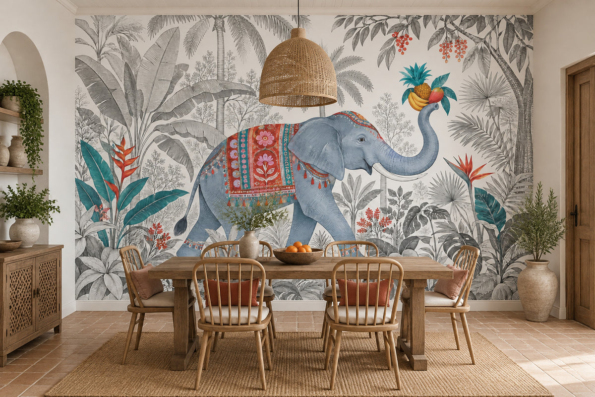 Blue Elephant Jungle Wallpaper Mural White Background Vintage Inspired Engraving Style