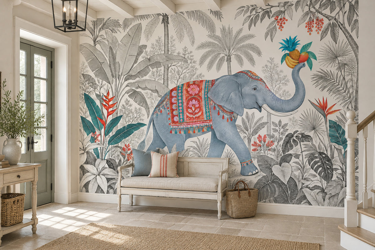 Blue Elephant Jungle Wallpaper Mural White Background Vintage Inspired Engraving Style