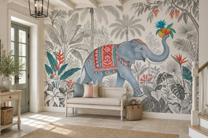 Blue Elephant Jungle Wallpaper Mural White Background Vintage Inspired Engraving Style