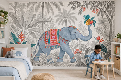 Blue Elephant Jungle Wallpaper Mural White Background Vintage Inspired Engraving Style