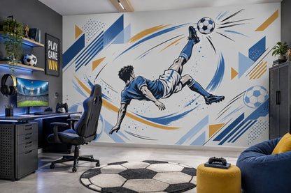 Bicycle Kick Soccer Player Wallpaper Mural Blue And Gold Geometric Motion