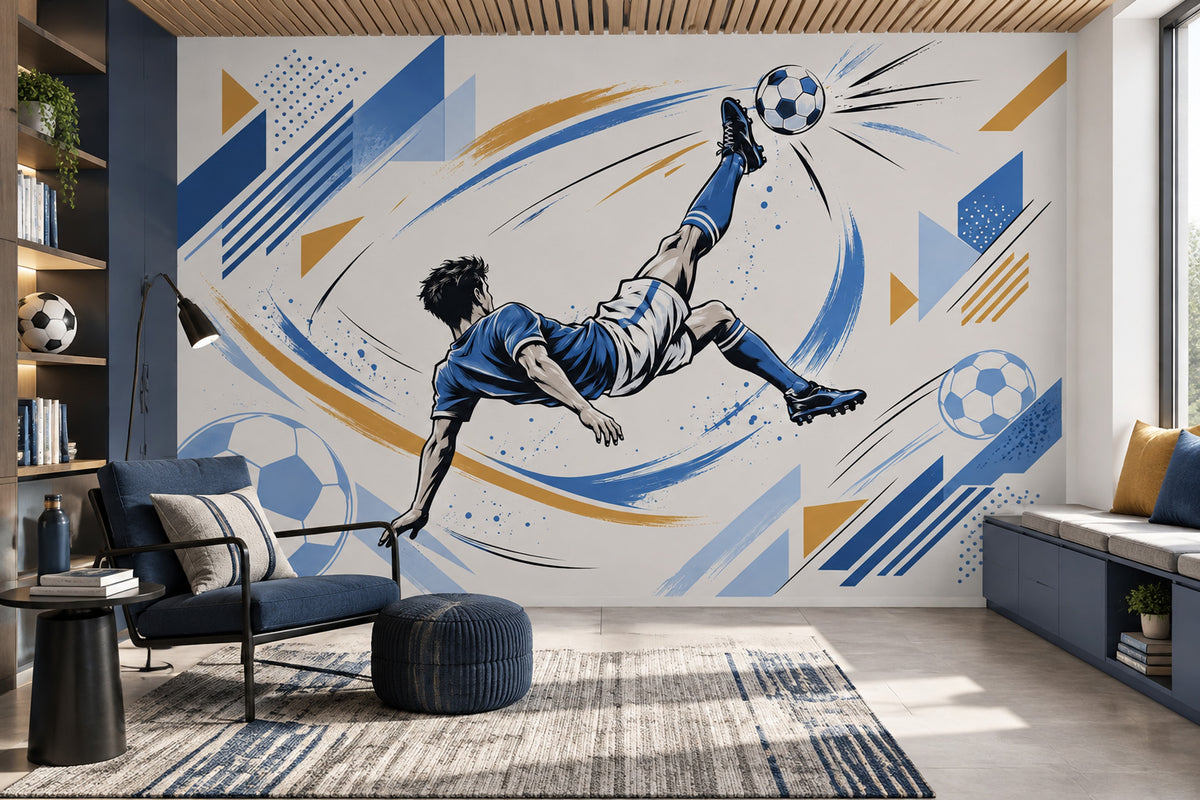 Bicycle Kick Soccer Player Wallpaper Mural Blue And Gold Geometric Motion