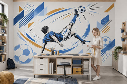 Bicycle Kick Soccer Player Wallpaper Mural Blue And Gold Geometric Motion