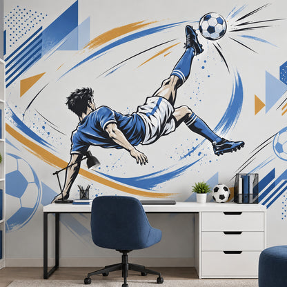 Bicycle Kick Soccer Player Wallpaper Mural Blue And Gold Geometric Motion