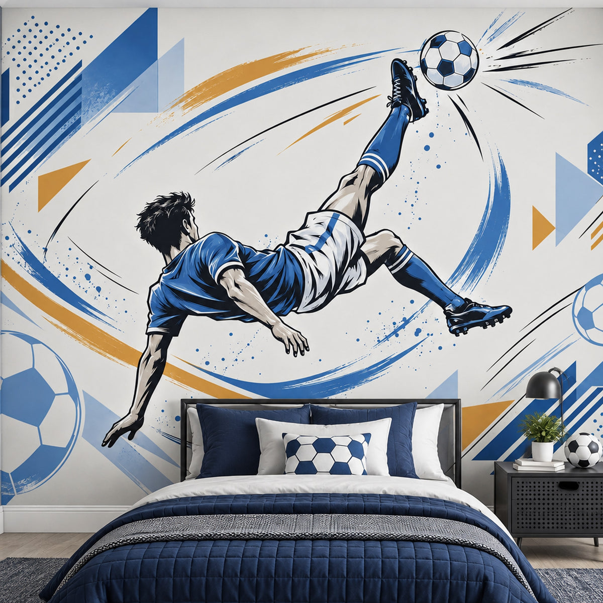 Bicycle Kick Soccer Player Wallpaper Mural Blue And Gold Geometric Motion