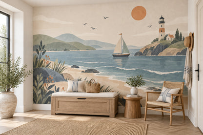 Sailboat And Lighthouse Coast Wallpaper Mural In Pastel Watercolor