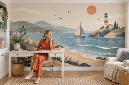 Sailboat And Lighthouse Coast Wallpaper Mural In Pastel Watercolor