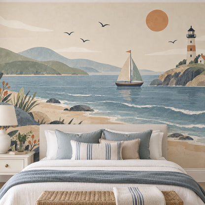 Sailboat And Lighthouse Coast Wallpaper Mural In Pastel Watercolor